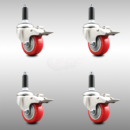Service Caster 3 Inch 316SS Red Poly Swivel 3/4 Inch Expanding Stem Caster Set Lock Brake SCC-SS316TTLEX20S314-PPUB-RED-34-4
